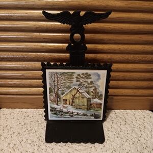 Vintage Enesco The Old Homestead In Winter Cast Iron Trivet w Shelf
